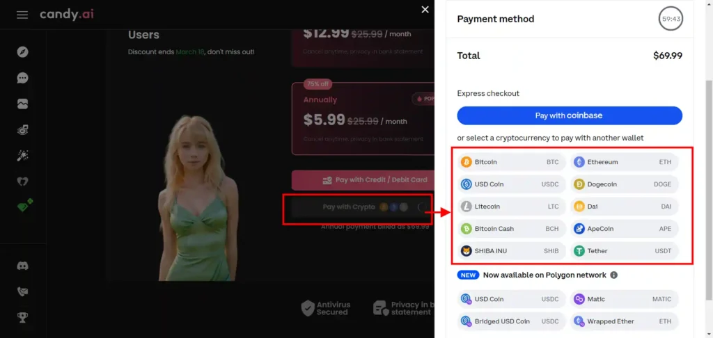 Candy AI Crypto payment option